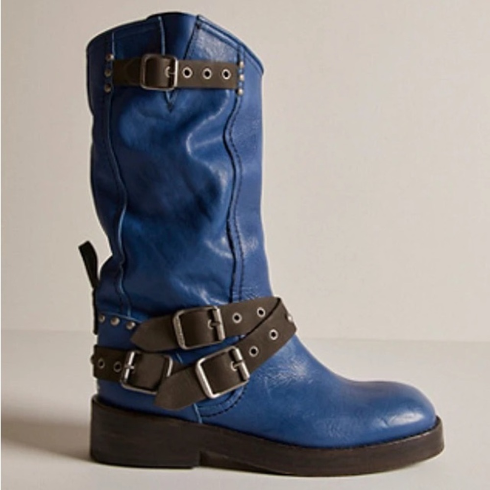 Free People Blue Leather Janey Buckle Boots - sz 9.5
